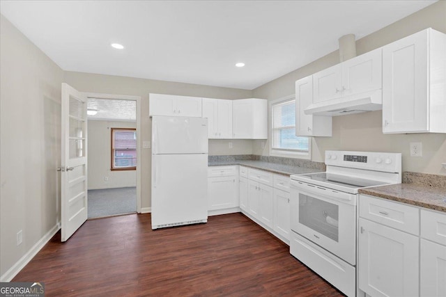 kitchen with white cabinetry, white appliances, dark wood-type flooring, and light stone counters