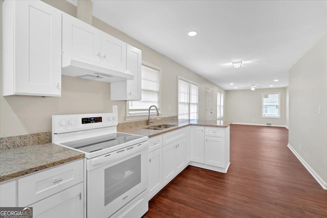 kitchen with sink, white electric range, white cabinetry, light stone countertops, and kitchen peninsula