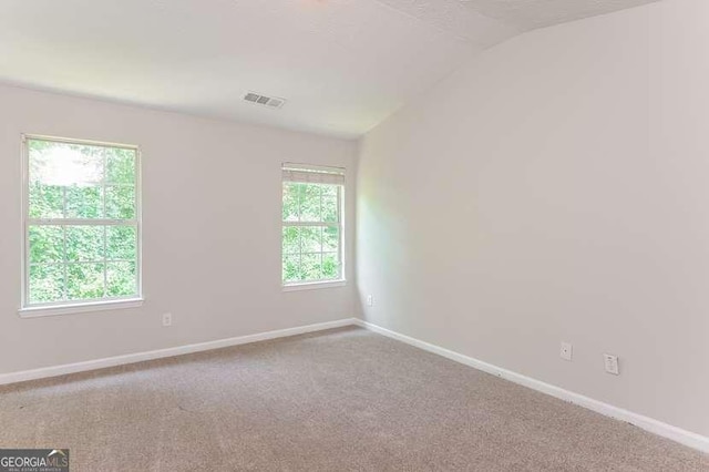 empty room with lofted ceiling, carpet floors, and a healthy amount of sunlight