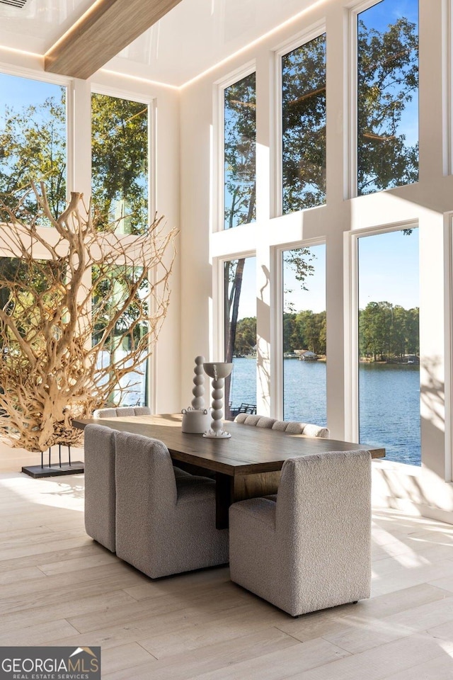 unfurnished dining area featuring light hardwood / wood-style flooring, plenty of natural light, and a water view