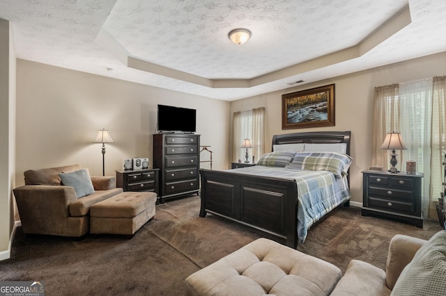 carpeted bedroom featuring multiple windows, a tray ceiling, and a textured ceiling