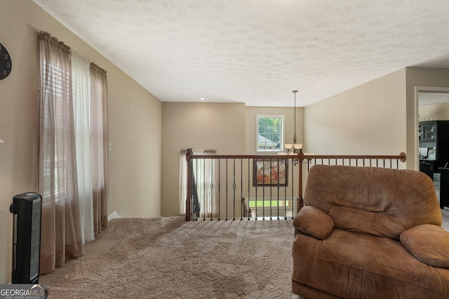 living area featuring carpet floors and a textured ceiling