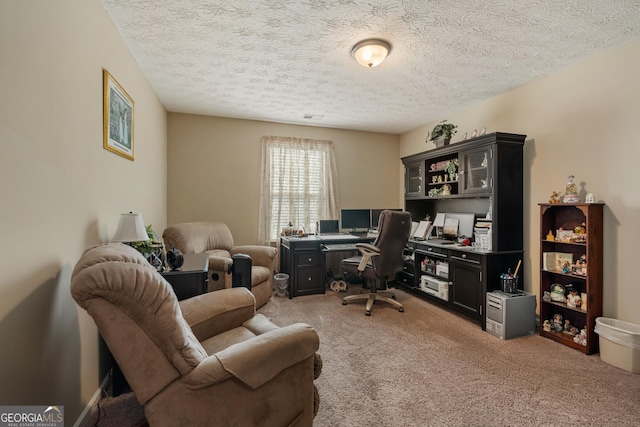 office space featuring light colored carpet and a textured ceiling