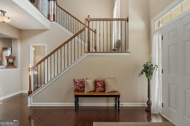 foyer entrance featuring dark wood-type flooring and a high ceiling