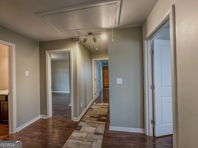 corridor with dark wood-type flooring and track lighting