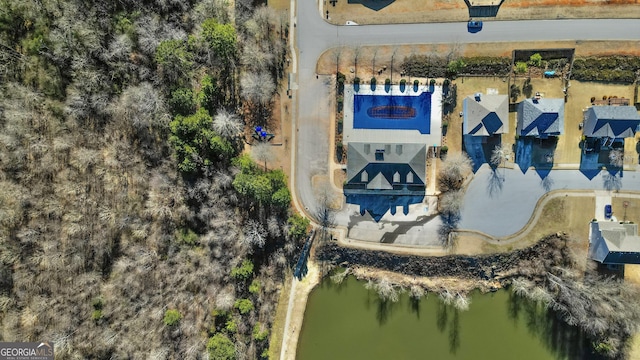 drone / aerial view featuring a water view