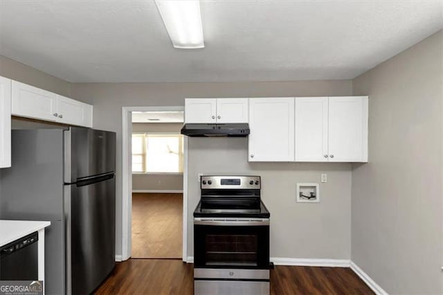 kitchen with white cabinetry, stainless steel appliances, and dark hardwood / wood-style floors