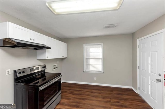 kitchen featuring stainless steel range with electric stovetop, white cabinetry, and dark hardwood / wood-style flooring