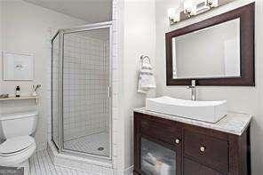 bathroom with vanity, a shower with shower door, and toilet