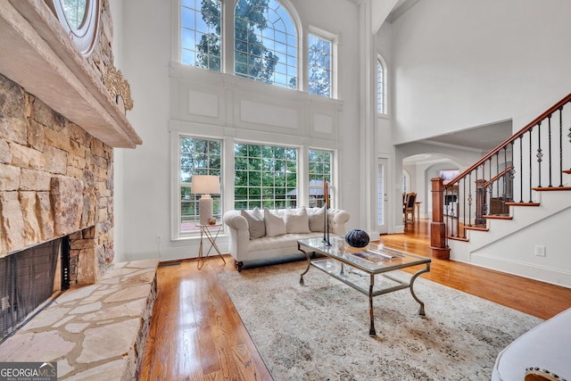 living room with a high ceiling, wood-type flooring, and a stone fireplace