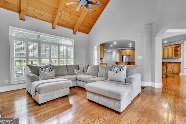 living room featuring wood ceiling, ceiling fan, high vaulted ceiling, light hardwood / wood-style floors, and beamed ceiling