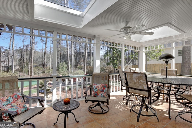 sunroom featuring ceiling fan and a skylight