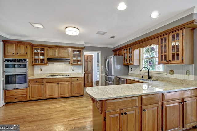 kitchen featuring sink, light stone counters, appliances with stainless steel finishes, kitchen peninsula, and light hardwood / wood-style floors