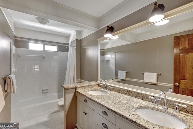 full bathroom featuring vanity, shower / tub combo, crown molding, and toilet