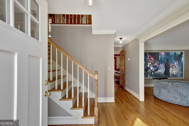 stairs with wood-type flooring and ornamental molding