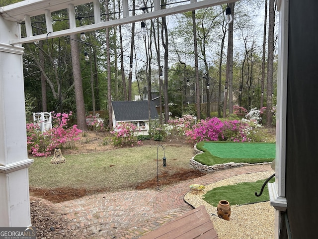 view of yard featuring a storage shed