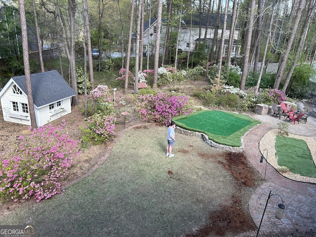 view of yard with a patio and an outbuilding