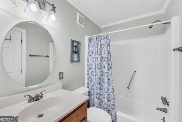 full bathroom featuring shower / bath combination with curtain, vanity, toilet, crown molding, and a textured ceiling