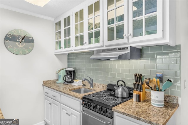 kitchen with range with electric cooktop, sink, wall chimney range hood, and white cabinets