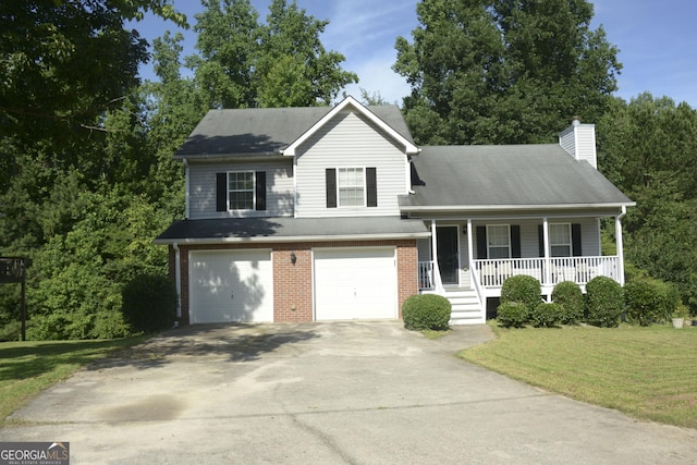 3013 Pommel Ct, Conyers, GA 30013 - split level home with covered porch, a garage, concrete driveway, a front lawn, and brick siding