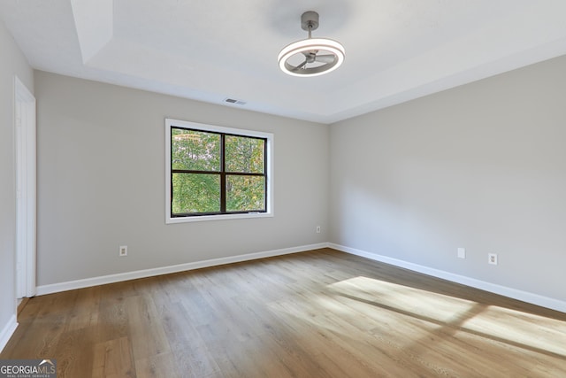 spare room with a raised ceiling and wood-type flooring