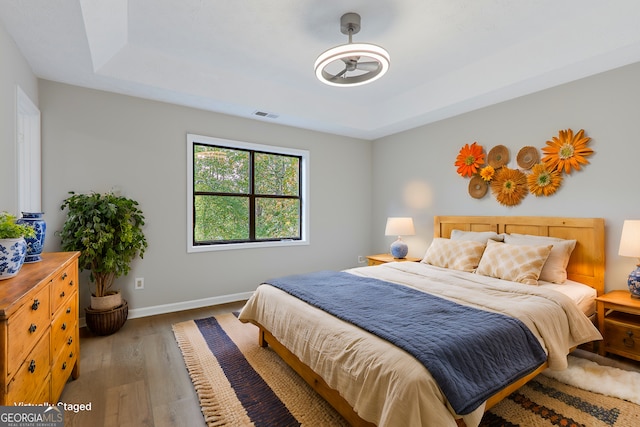 bedroom with a tray ceiling and hardwood / wood-style floors