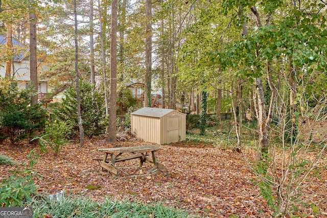 view of yard featuring a shed