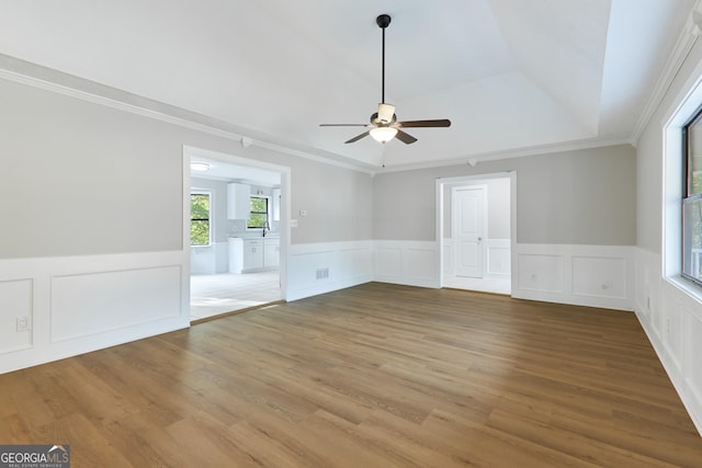 spare room with a raised ceiling, ornamental molding, and hardwood / wood-style floors