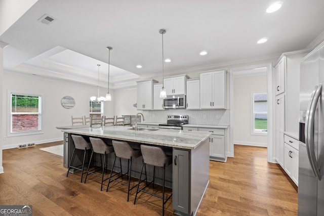 kitchen featuring white cabinets, hanging light fixtures, a tray ceiling, stainless steel appliances, and a center island with sink