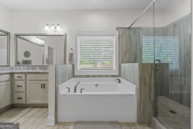 bathroom featuring vanity and separate shower and tub