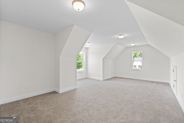 additional living space with lofted ceiling, a wealth of natural light, and light colored carpet