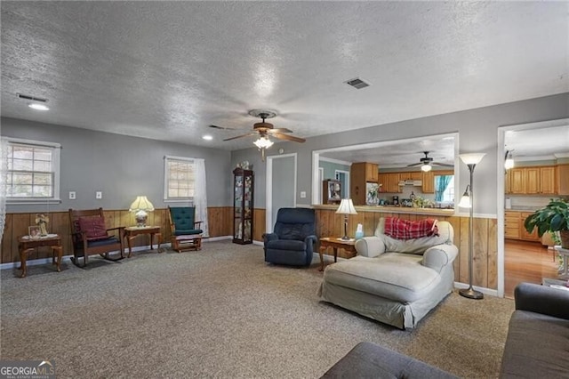 carpeted living room with a healthy amount of sunlight, a textured ceiling, and wooden walls