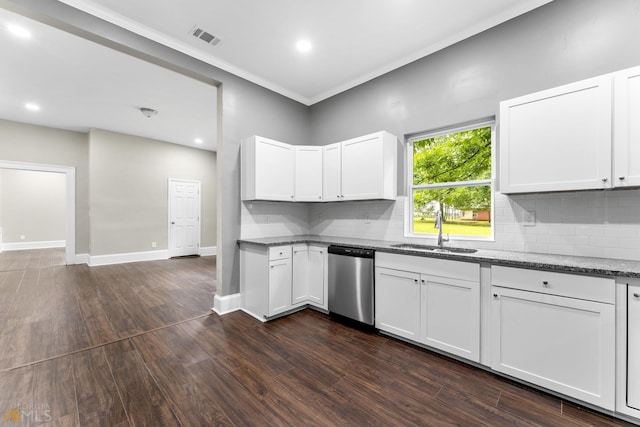 kitchen featuring dark hardwood / wood-style floors, white cabinetry, sink, stainless steel dishwasher, and light stone counters