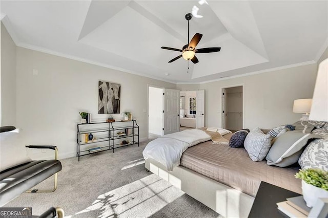 carpeted bedroom featuring crown molding, a walk in closet, a raised ceiling, a closet, and ceiling fan