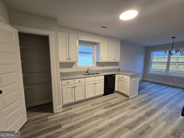 kitchen with white cabinetry, dishwasher, sink, hanging light fixtures, and kitchen peninsula