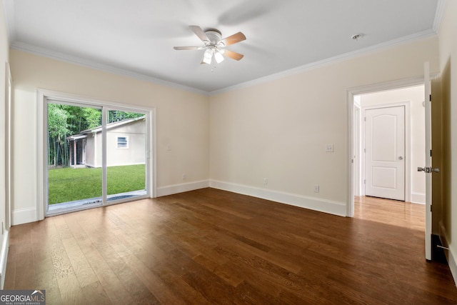 unfurnished room featuring crown molding, ceiling fan, and hardwood / wood-style flooring