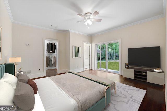 bedroom with crown molding, dark wood-type flooring, ceiling fan, access to outside, and a closet