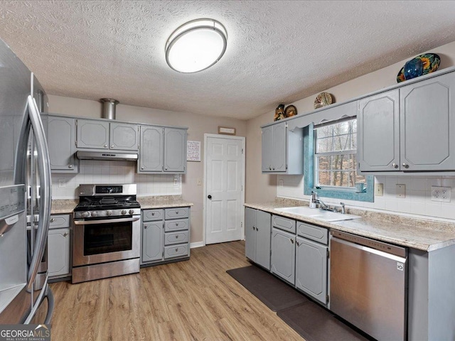 kitchen featuring gray cabinets, appliances with stainless steel finishes, sink, and light wood-type flooring