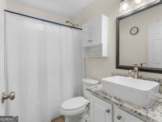 bathroom featuring vanity, curtained shower, and toilet