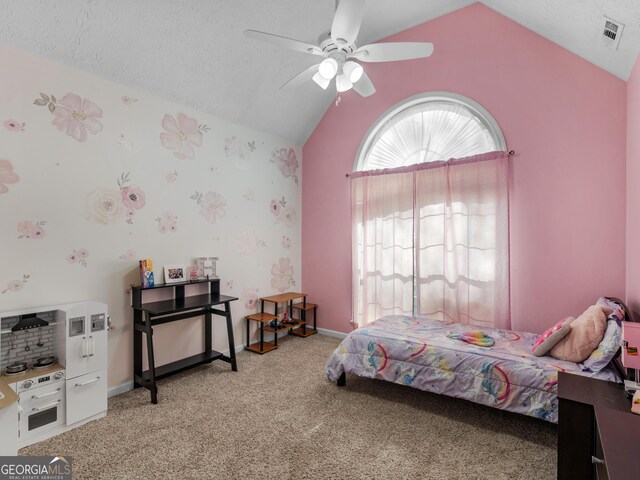 bedroom featuring lofted ceiling, light colored carpet, and ceiling fan