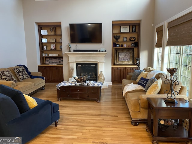 living room with built in features and light hardwood / wood-style floors