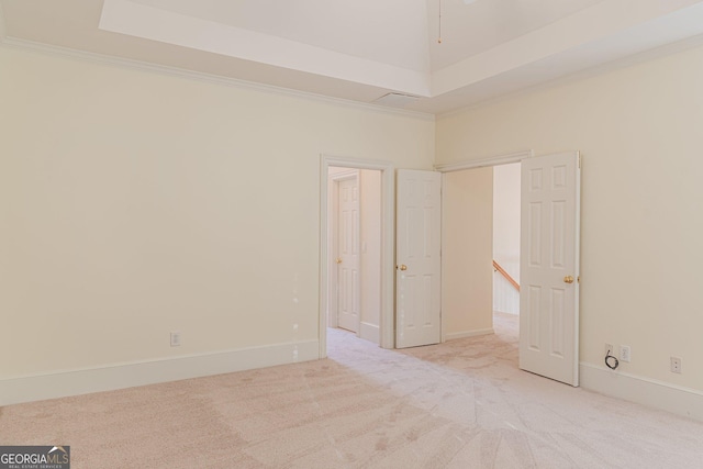 spare room with a raised ceiling, ornamental molding, and light carpet