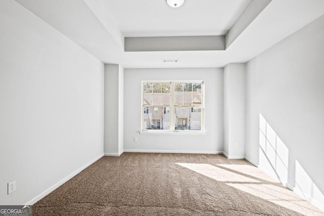 empty room featuring light carpet and a raised ceiling