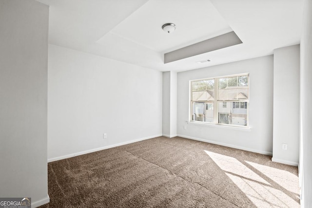 carpeted spare room with a raised ceiling