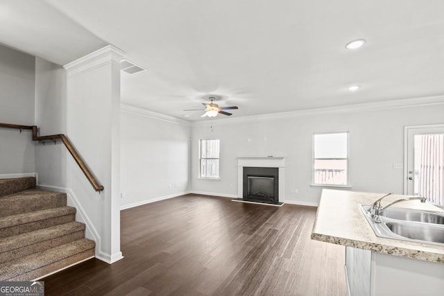 unfurnished living room featuring ceiling fan, ornamental molding, dark hardwood / wood-style floors, and sink