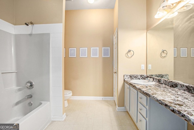 full bathroom with shower / tub combination, vanity, and toilet