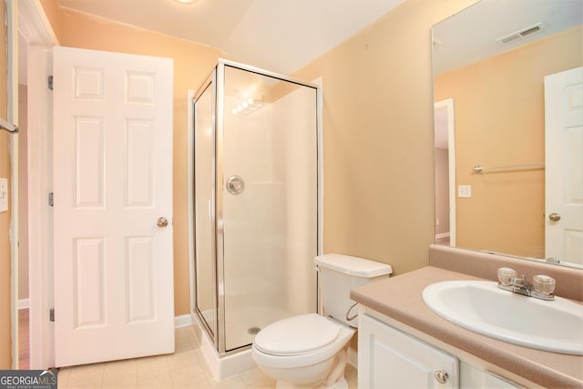 bathroom featuring lofted ceiling, vanity, walk in shower, toilet, and tile patterned floors