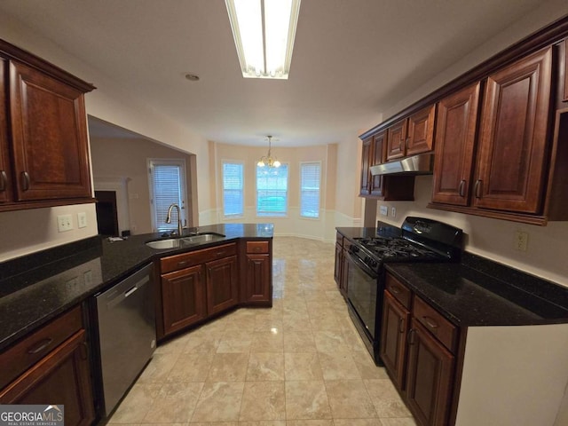 kitchen featuring sink, hanging light fixtures, stainless steel dishwasher, kitchen peninsula, and black range with gas cooktop