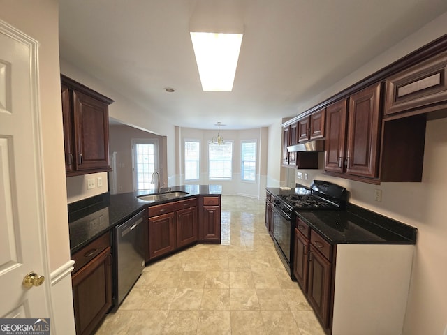 kitchen with pendant lighting, sink, black range with gas stovetop, stainless steel dishwasher, and kitchen peninsula