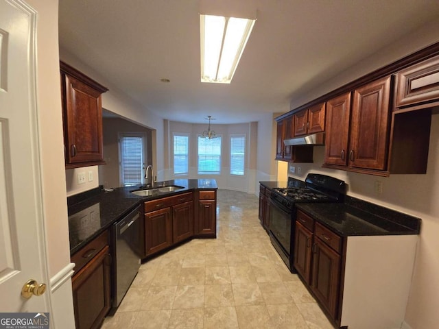 kitchen with black gas range oven, decorative light fixtures, sink, stainless steel dishwasher, and a notable chandelier